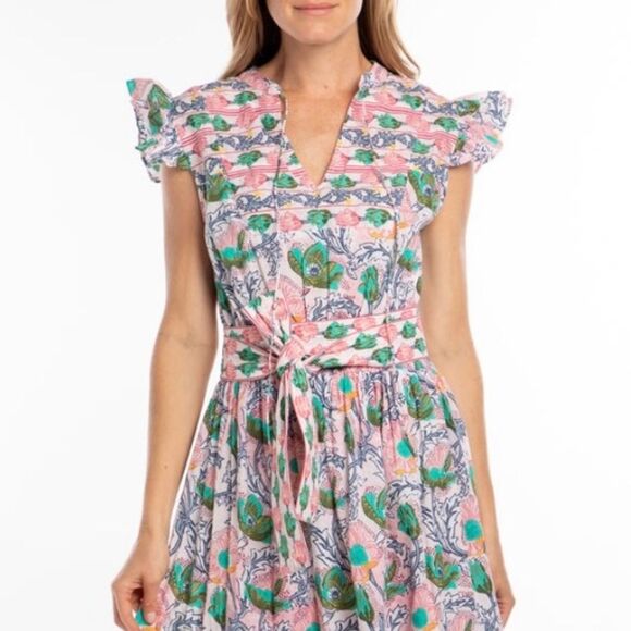 NWT Bindu Anika Dress Pink Multi Floral Ruffle Sleeve Maxi Boho Resort Sz Medium - Picture 6 of 15